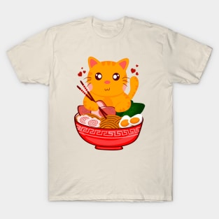 Funny Kawaii Orange Cat Eating Ramen Noodles T-Shirt